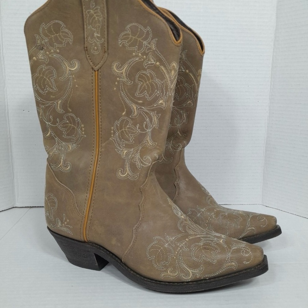 Embroidered Tan Heeled Boots - image 1